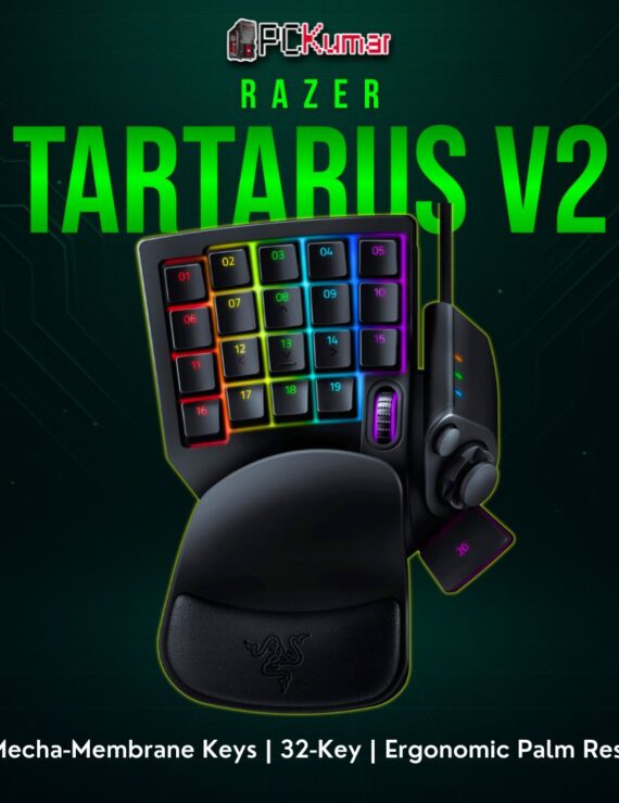 Razer Tartarus V2 black keypad with mecha-membrane buttons, an 8-way thumbpad, and a cushioned wrist rest.