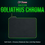 Razer Goliathus Chroma black cloth mat with a glowing perimeter, providing a uniform surface for optical or laser mice.