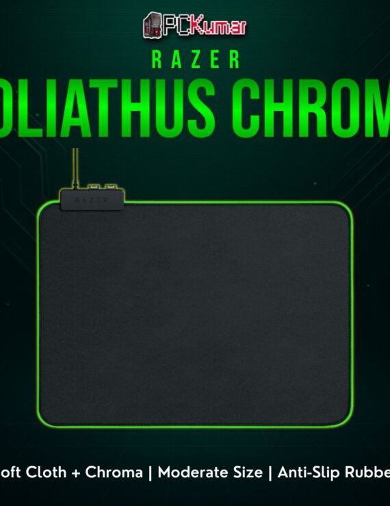 Razer Goliathus Chroma black cloth mat with a glowing perimeter, providing a uniform surface for optical or laser mice.
