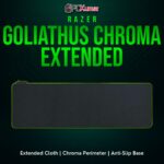 Razer Goliathus Chroma Extended black mat with glowing edges, spanning both keyboard and mouse space.