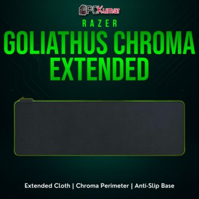 Razer Goliathus Chroma Extended black mat with glowing edges, spanning both keyboard and mouse space.