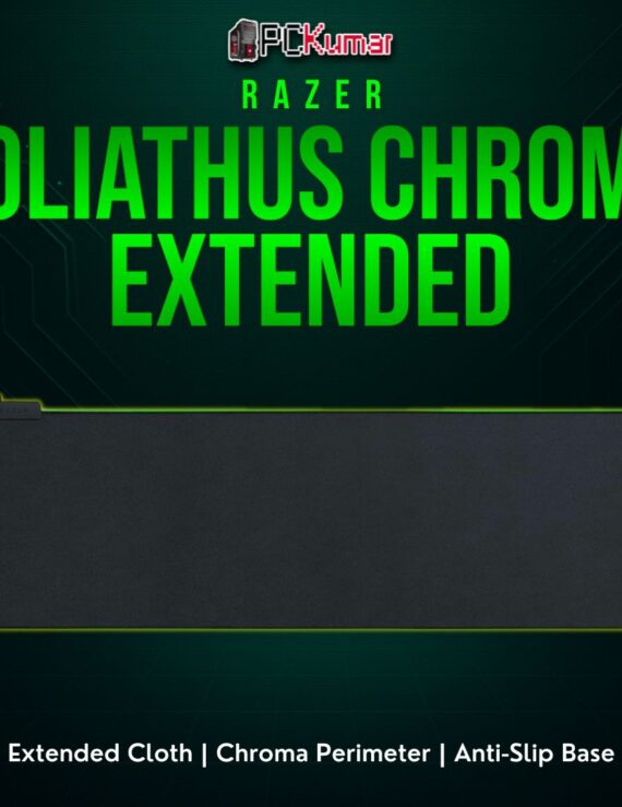 Razer Goliathus Chroma Extended black mat with glowing edges, spanning both keyboard and mouse space.
