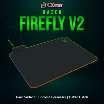Razer Firefly V2 in black with a plastic top, featuring vibrant LED edges and a small cable channel at the top.
