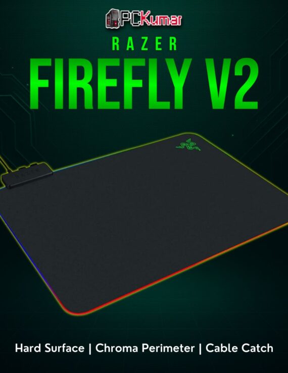 Razer Firefly V2 in black with a plastic top, featuring vibrant LED edges and a small cable channel at the top.
