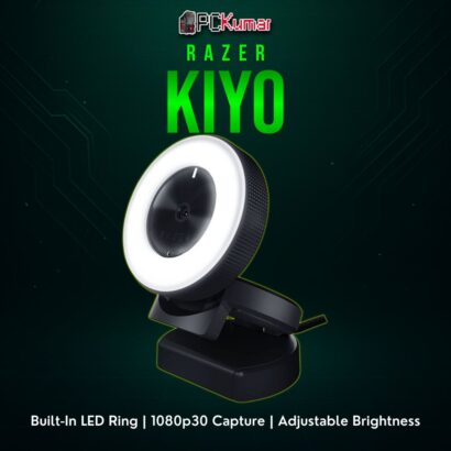 Razer Kiyo camera featuring a ring light around the lens, offering even face illumination for streaming or video calls.