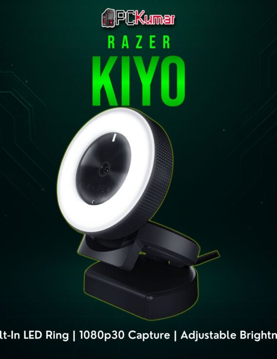 Razer Kiyo camera featuring a ring light around the lens, offering even face illumination for streaming or video calls.