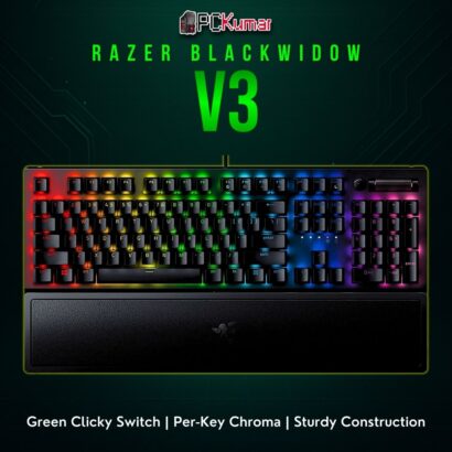 Razer BlackWidow V3 mechanical keyboard with clicky green switches and a black metallic top, known for crisp feedback.
