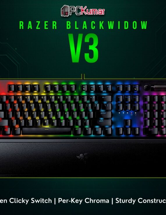 Razer BlackWidow V3 mechanical keyboard with clicky green switches and a black metallic top, known for crisp feedback.