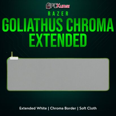 Razer Goliathus Extended Chroma Mercury, a wide white cloth mat with illuminated perimeter for style and gaming function.