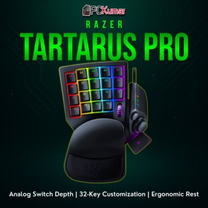 Razer Tartarus Pro black gaming keypad with a compact palm rest, multiple button rows, and an analog thumbstick.
