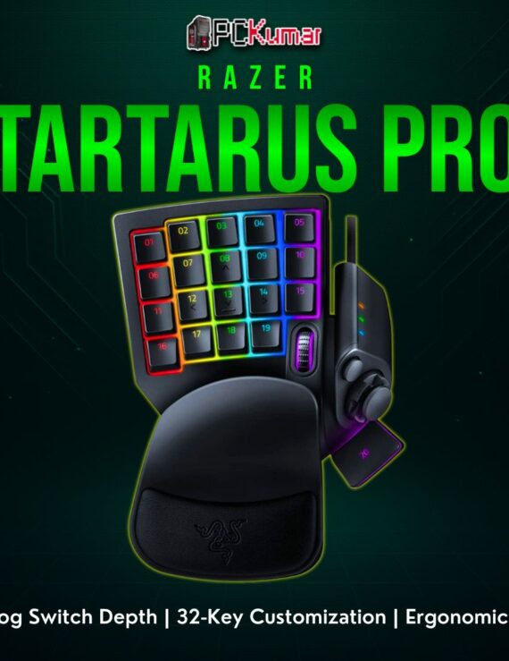 Razer Tartarus Pro black gaming keypad with a compact palm rest, multiple button rows, and an analog thumbstick.