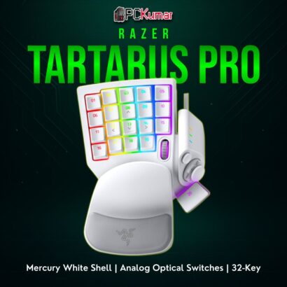 Razer Tartarus Pro Mercury with a white palm rest, advanced analog optical key switches, and a side thumbstick.