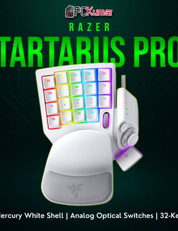 Razer Tartarus Pro Mercury with a white palm rest, advanced analog optical key switches, and a side thumbstick.
