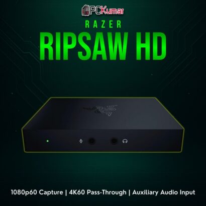 Razer Ripsaw HD capturing device with a matte black housing, multiple ports for console or PC streaming.