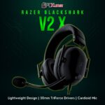 Razer BlackShark V2 X headset in black, featuring a simple wired connection and foam ear cushions for a snug fit.