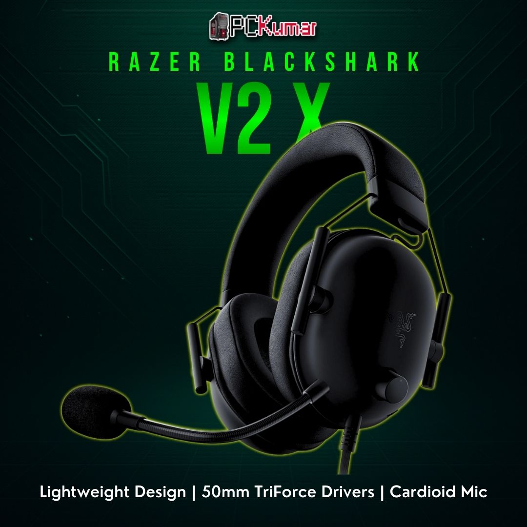 Razer BlackShark V2 X headset in black, featuring a simple wired connection and foam ear cushions for a snug fit.