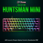 Razer Huntsman Mini in black, featuring clicky optical switches and a compact 60% format with Chroma lighting.