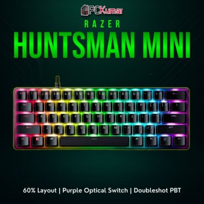 Razer Huntsman Mini in black, featuring clicky optical switches and a compact 60% format with Chroma lighting.