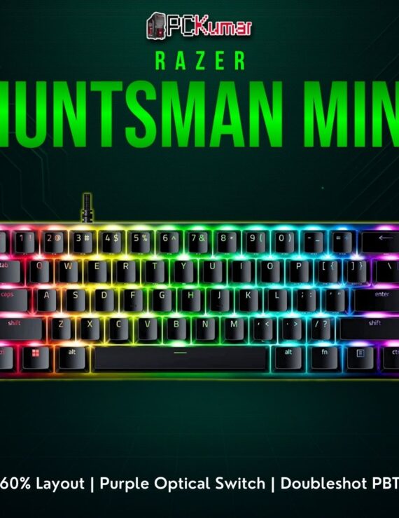 Razer Huntsman Mini in black, featuring clicky optical switches and a compact 60% format with Chroma lighting.