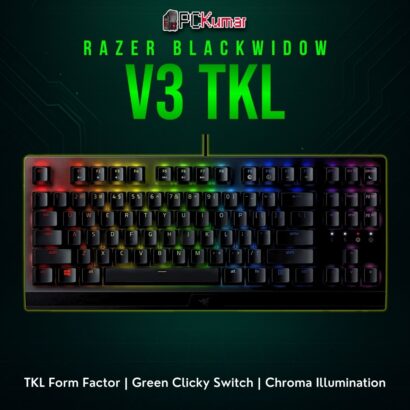 Razer BlackWidow V3 TKL in black, integrating clicky mechanical switches and a compact layout minus the numpad.
