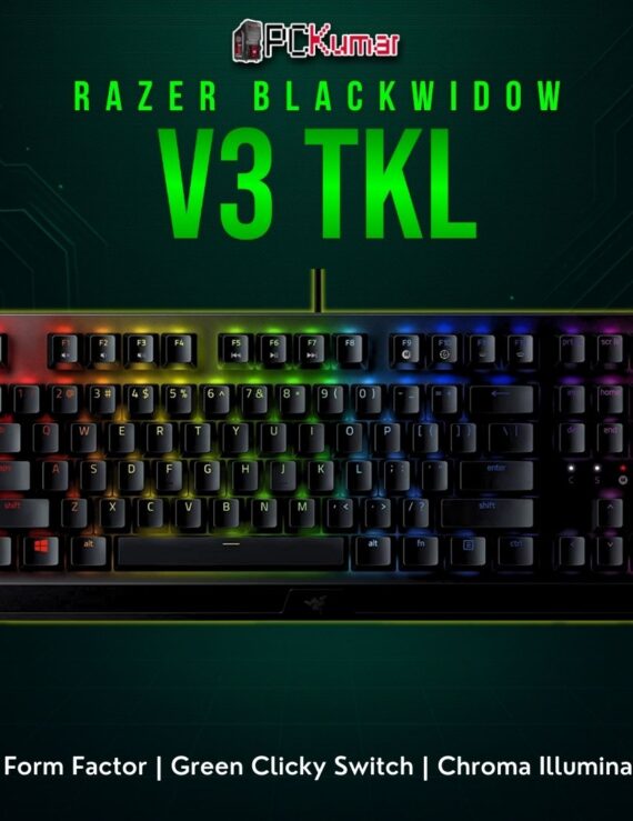 Razer BlackWidow V3 TKL in black, integrating clicky mechanical switches and a compact layout minus the numpad.