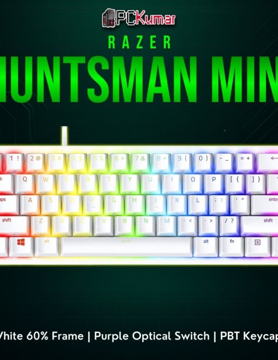 Razer Huntsman Mini Mercury Edition, featuring white housing and clicky optical purple switches in a 60% layout.