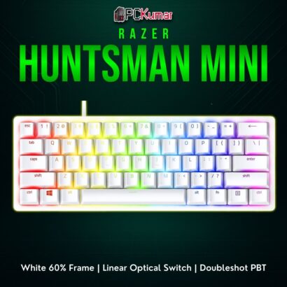 Razer Huntsman Mini Mercury Edition, showcasing linear red optical switches in a 60% form factor and bright Chroma.