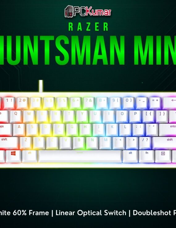 Razer Huntsman Mini Mercury Edition, showcasing linear red optical switches in a 60% form factor and bright Chroma.