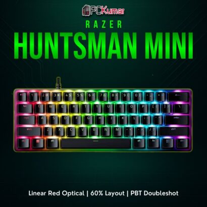 Razer Huntsman Mini with red optical switches, featuring a compact black design and radiant per-key lighting.