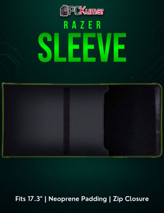 Razer Protective 17.3" black sleeve with a zipper along the side, ensuring a snug fit for larger gaming laptops.