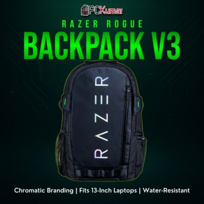 Razer Rogue 13" Backpack V3 Chromatic Edition, featuring a reflective Razer logo against a black exterior for extra flair.