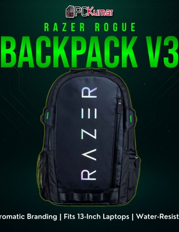 Razer Rogue 13" Backpack V3 Chromatic Edition, featuring a reflective Razer logo against a black exterior for extra flair.