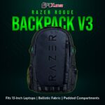 Razer Rogue 15" Backpack V3 in black, showcasing a minimal design with discreet Razer branding and robust straps.