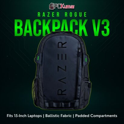 Razer Rogue 15" Backpack V3 in black, showcasing a minimal design with discreet Razer branding and robust straps.