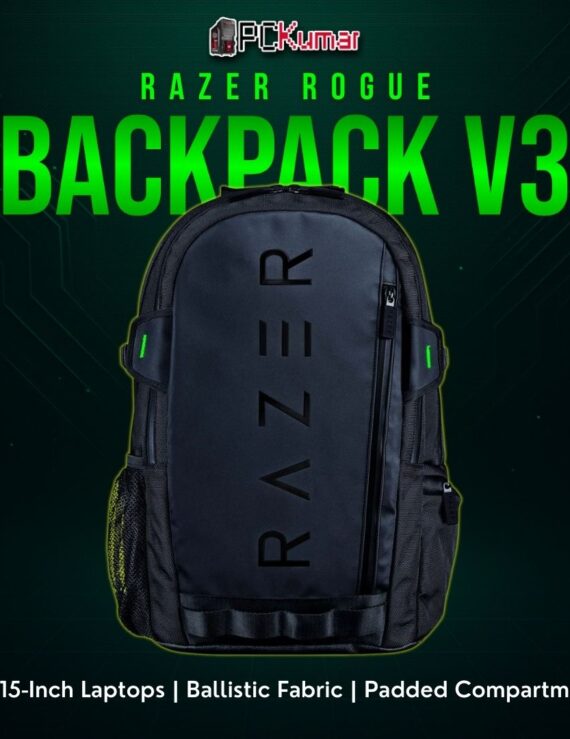 Razer Rogue 15" Backpack V3 in black, showcasing a minimal design with discreet Razer branding and robust straps.