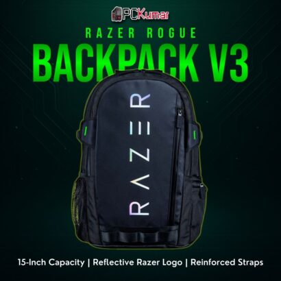 Razer Rogue 15" Backpack V3 Chromatic featuring a unique reflective logo panel and protective ballistic nylon material.
