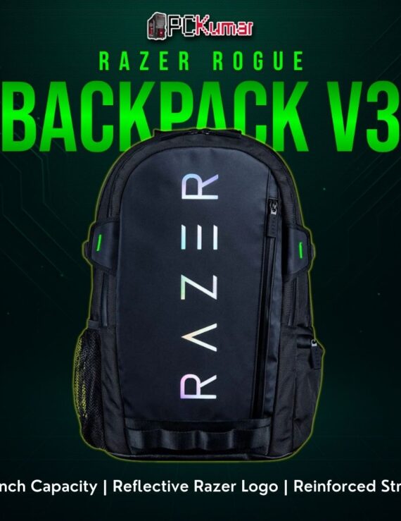 Razer Rogue 15" Backpack V3 Chromatic featuring a unique reflective logo panel and protective ballistic nylon material.