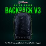 Razer Rogue 17" Backpack V3 in black, featuring a roomy compartment for bigger laptops and wide shoulder straps.
