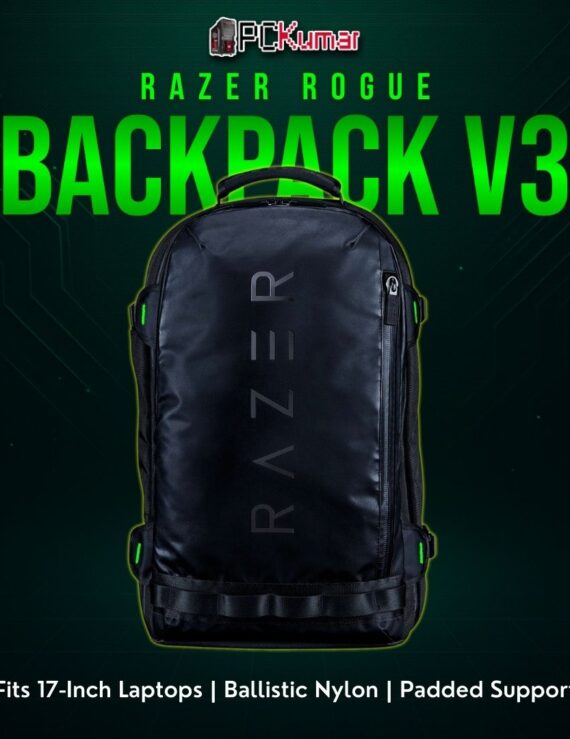 Razer Rogue 17" Backpack V3 in black, featuring a roomy compartment for bigger laptops and wide shoulder straps.
