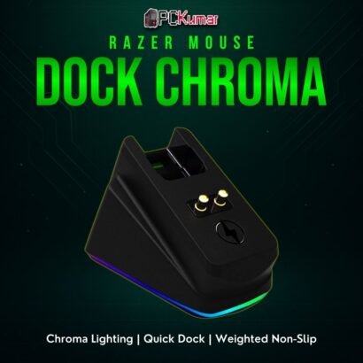 Razer Mouse Dock Chroma in black, featuring a slanted top prong for wireless mouse alignment and colorful underglow.