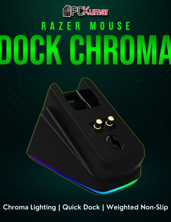 Razer Mouse Dock Chroma in black, featuring a slanted top prong for wireless mouse alignment and colorful underglow.