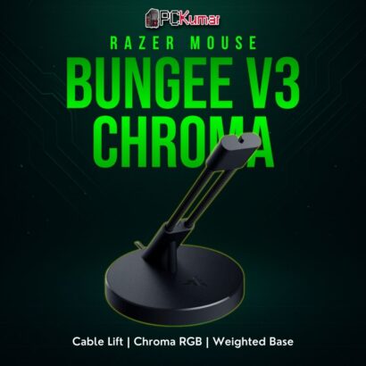 Razer Mouse Bungee V3 Chroma, a black tower design with glowing under-light, guiding the mouse cable overhead.