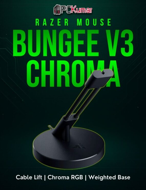 Razer Mouse Bungee V3 Chroma, a black tower design with glowing under-light, guiding the mouse cable overhead.