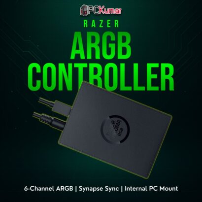 Razer Chroma ARGB Controller black box with multiple 3-pin ports, enabling addressable RGB devices to unify under Razer lighting.