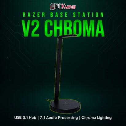 Razer Base Station V2 Chroma with a polished black vertical tower, USB ports, and illuminated ring at the bottom.