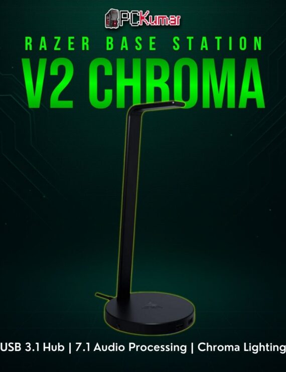 Razer Base Station V2 Chroma with a polished black vertical tower, USB ports, and illuminated ring at the bottom.