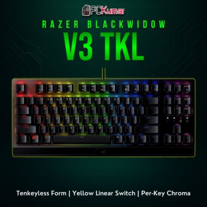 Razer BlackWidow V3 TKL (Yellow Switch) with a compact shape, featuring near-silent key presses and dynamic RGB.