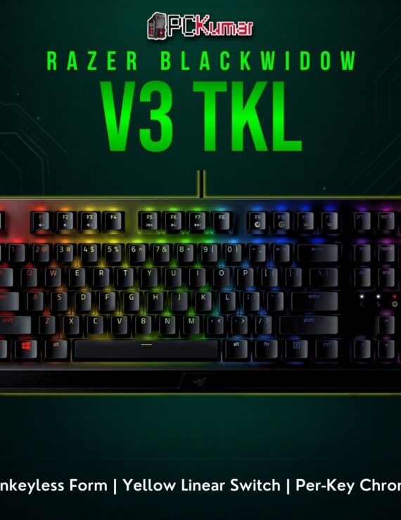 Razer BlackWidow V3 TKL (Yellow Switch) with a compact shape, featuring near-silent key presses and dynamic RGB.