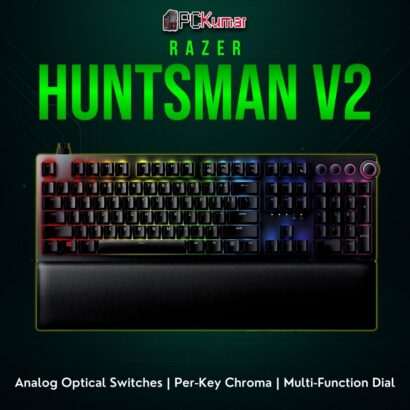 Razer Huntsman V2 Analog keyboard, featuring adjustable actuation optical switches and dedicated media controls.