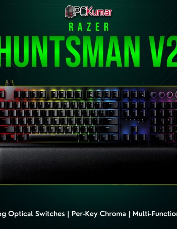 Razer Huntsman V2 Analog keyboard, featuring adjustable actuation optical switches and dedicated media controls.